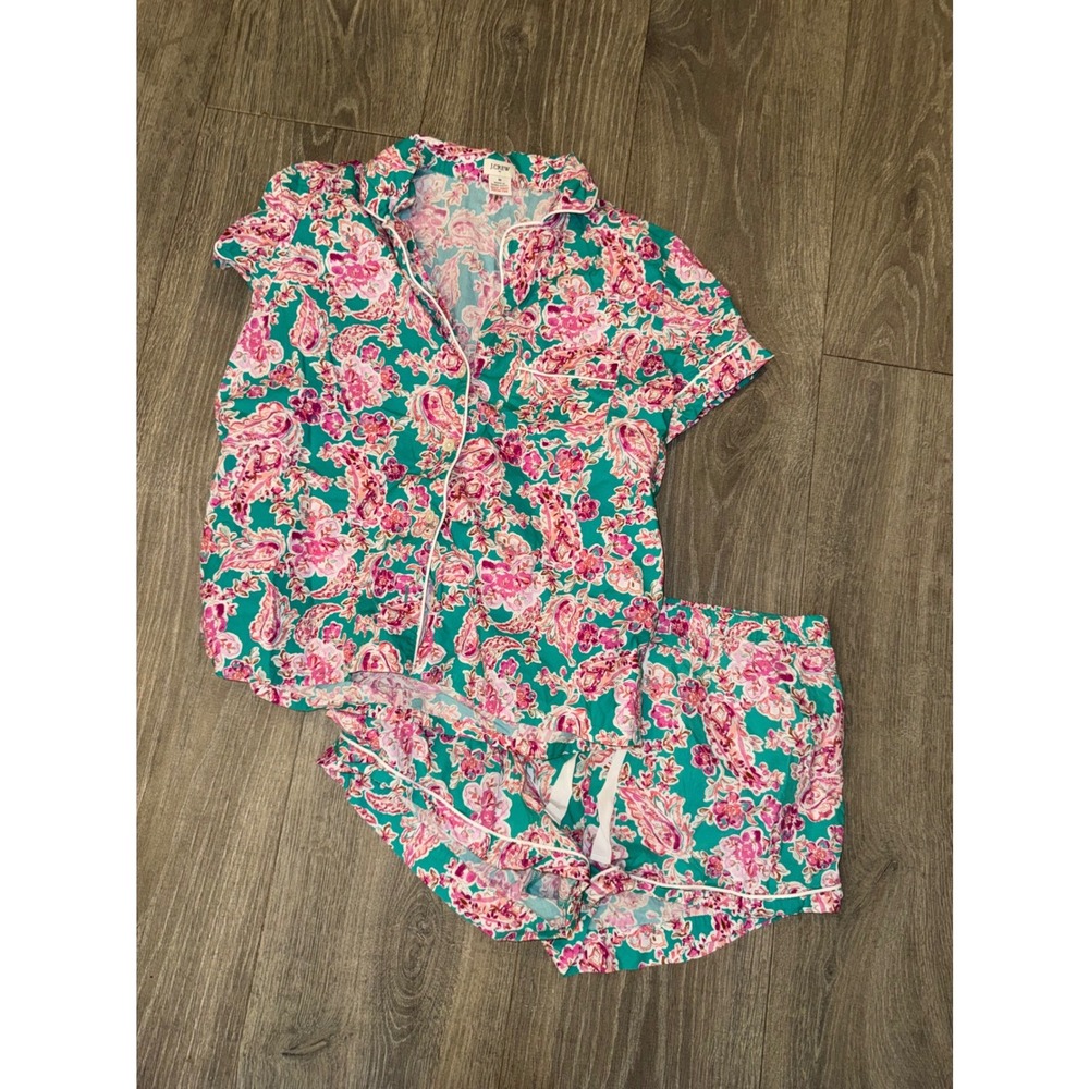 J.Crew Pajama Set Womens Medium Teal Pink Floral Paisley Short Sleeve Shorts PJ